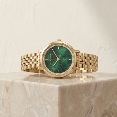 Montre femme olivia burton honeycomb ultra slim forest green acier doré 24000266 – analogiques