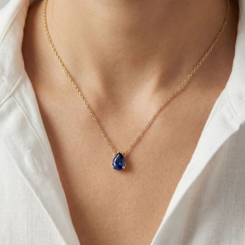 Collier femme solitaire EDORA PLAQUE OR et spinelle bleue