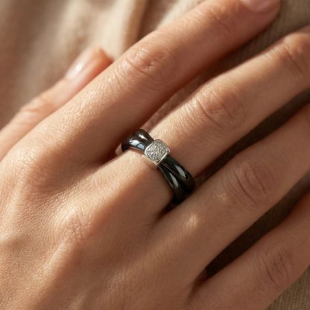 Bague Femme Double Anneau ARGENT 925/1000 Céramique Noire et Diamant