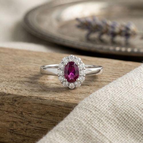 Bague Femme Solitaire Entourage ARGENT 925/1000 et Spinelle Rouge