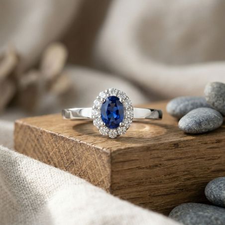 Bague Femme Solitaire Entourage ARGENT 925/1000 et Spinelle Bleue