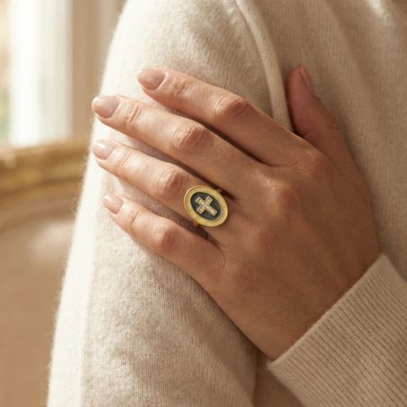 Bague Femme Croix Empierré PLAQUE OR Jaune et Oxydes