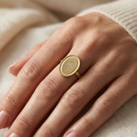 Bague Femme Croix Empierré PLAQUE OR Jaune et Oxydes