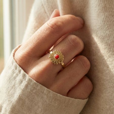 Bague Femme Fleur PLAQUE OR Jaune et Laque