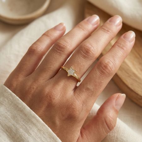 Bague Femme Etoile EDORA PLAQUE OR et Oxydes 
