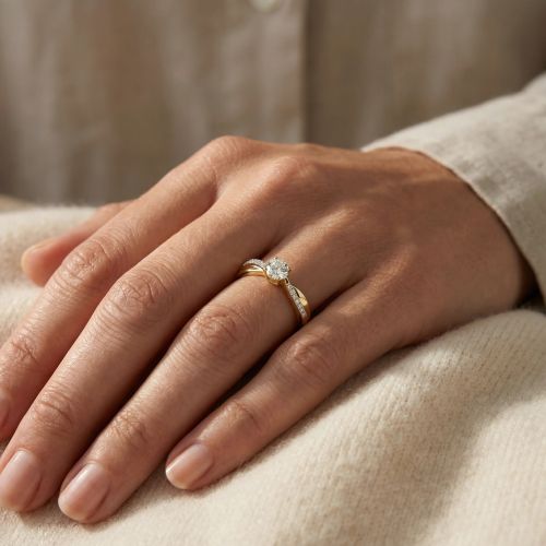 Bague Femme Solitaire Accompagné PLAQUE OR Jaune et Oxyde