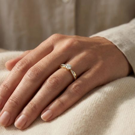 Bague Femme Solitaire Accompagné PLAQUE OR Jaune et Oxyde