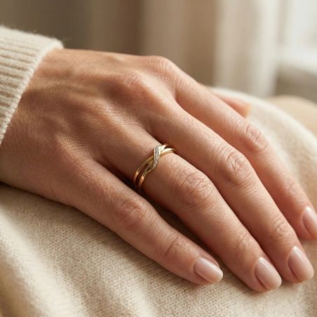 Bague Femme Entrelacée PLAQUE OR Jaune et Oxydes