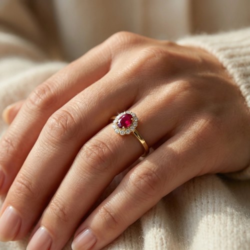 Bague Femme Entourage PLAQUE OR Jaune et Spinelle Rouge