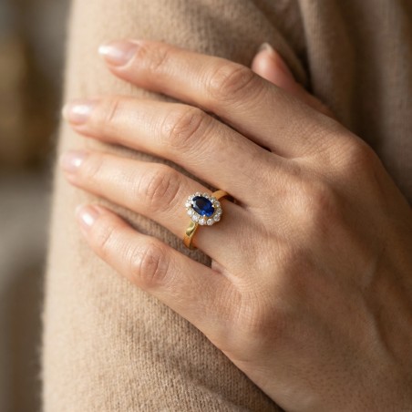 Bague Femme Entourage PLAQUE OR Jaune et Spinelle Bleu