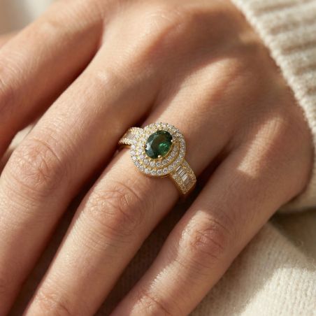 bague femme entourage EDORA PLAQUE OR et spinelle verte
