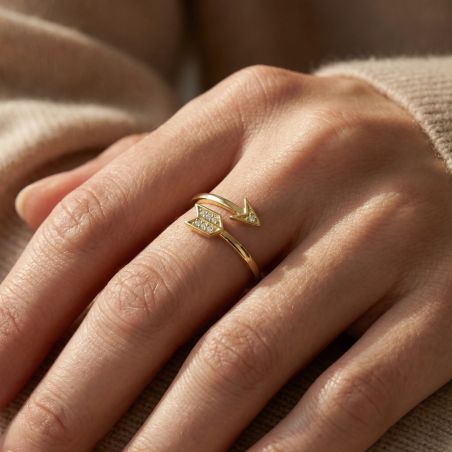 bague femme double flêches EDORA PLAQUE OR et oxydes