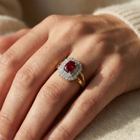 bague femme entourage EDORA PLAQUE OR et spinelle rouge