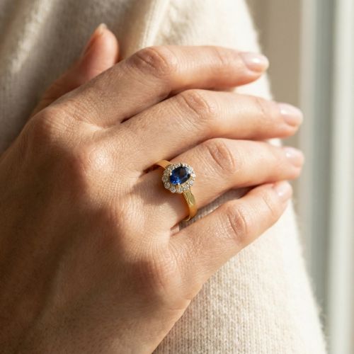 bague femme entourage EDORA PLAQUE OR et spinelle bleue
