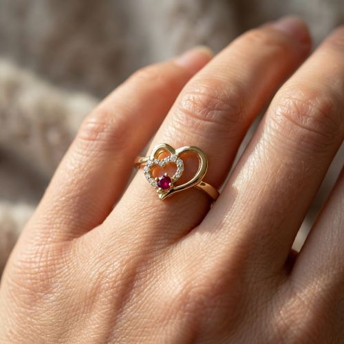 bague femme coeurs EDORA PLAQUE OR et spinelle rouge