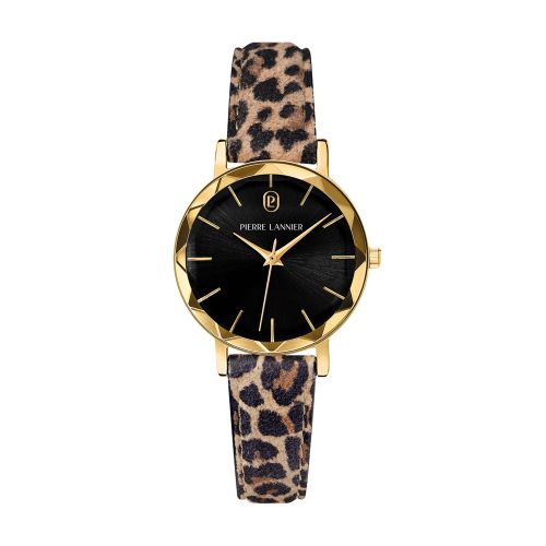 Montre Femme PIERRE LANNIER MULTIPLES Doré Cadran Noir Bracelet Cuir Léopard 14 MM 010P539