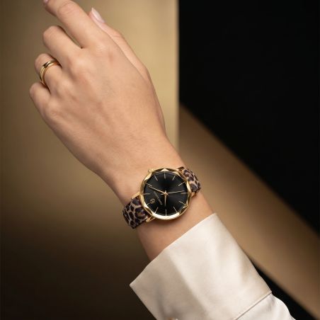 Montre Femme PIERRE LANNIER MULTIPLES Doré Cadran Noir Bracelet Cuir Léopard 14 MM 010P539