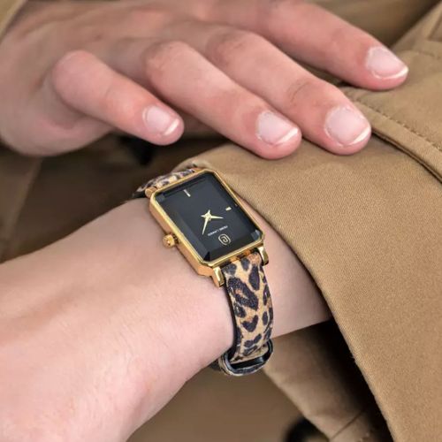 Montre Femme PIERRE LANNIER ARIANE Doré Cadran Noir Bracelet Cuir Léopard 12 M 006L539