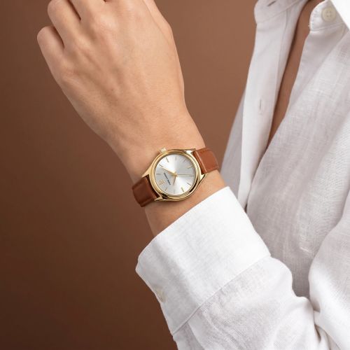 Montre Femme PIERRE LANNIER PYA Doré Cadran Argenté Bracelet Cuir Brun 12 M 021K524