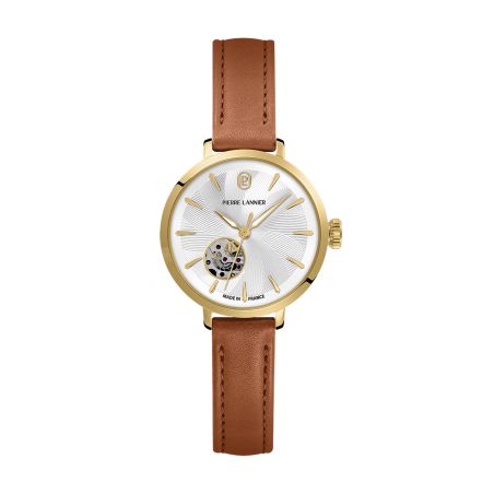 Montre femme automatique pierre lannier soline doré cadran argenté bracelet cuir brun 12 mm 139l524 – montres françaises