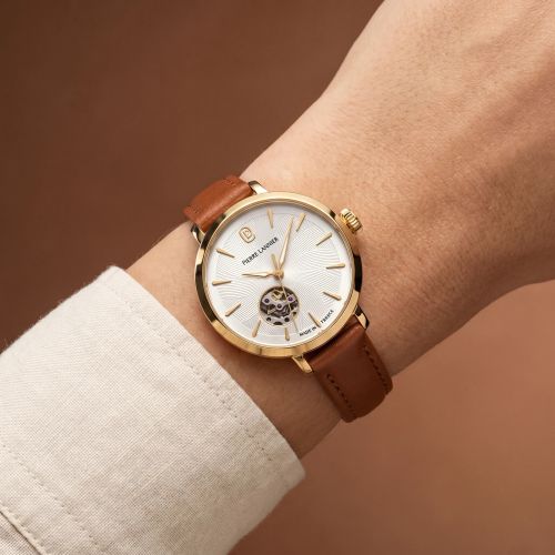 Montre Femme Automatique PIERRE LANNIER SOLINE Doré Cadran Argenté Bracelet Cuir Brun 12 MM 139L524
