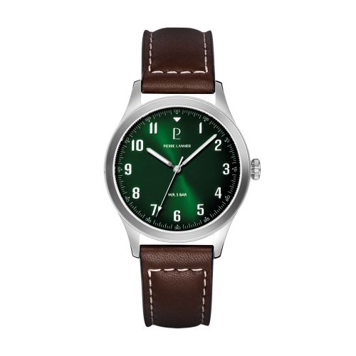 Montre Homme PIERRE LANNIER AVIATEUR Argenté Cadran Vert Bracelet Cuir Brun 20 MM 260G174