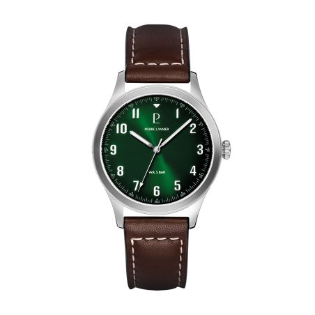 Montre homme pierre lannier aviateur argenté cadran vert bracelet cuir brun 20 mm 260g174 – montres françaises