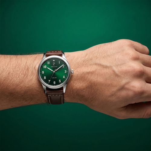 Montre Homme PIERRE LANNIER AVIATEUR Argenté Cadran Vert Bracelet Cuir Brun 20 MM 260G174
