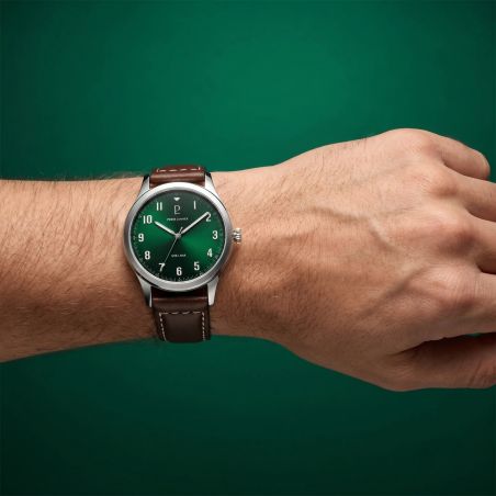 Montre Homme PIERRE LANNIER AVIATEUR Argenté Cadran Vert Bracelet Cuir Brun 20 MM 260G174
