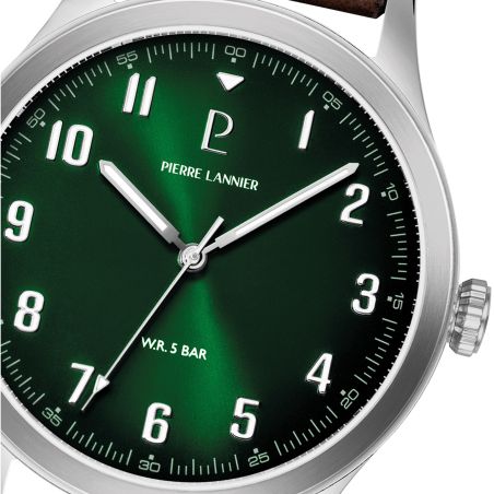 Montre homme pierre lannier aviateur argenté cadran vert bracelet cuir brun 20 mm 260g174 – montres françaises