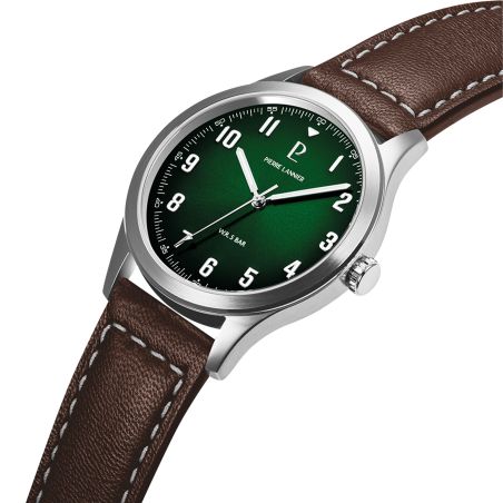 Montre homme pierre lannier aviateur argenté cadran vert bracelet cuir brun 20 mm 260g174 – montres françaises