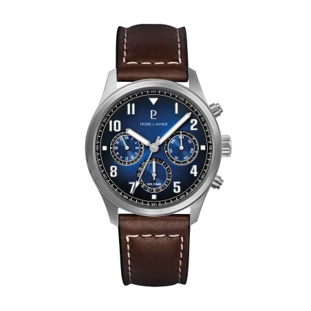 Montre homme pierre lannier aviateur argenté cadran bleu bracelet cuir brun 22 mm 257h164 – montres françaises