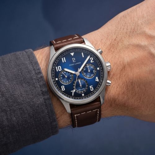 Montre Homme PIERRE LANNIER AVIATEUR Argenté Cadran Bleu Bracelet Cuir Brun 22 MM 257H164