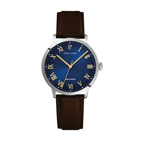 Montre homme pierre lannier interval argenté cadran bleu bracelet cuir brun 20 mm 255g164 – montres françaises