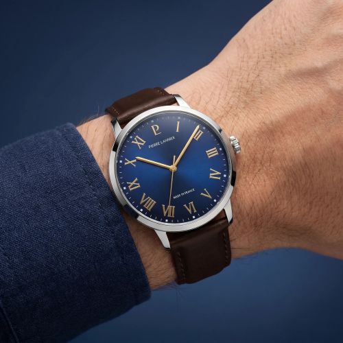 Montre Homme PIERRE LANNIER INTERVAL Argenté Cadran Bleu Bracelet Cuir Brun 20 MM 255G164