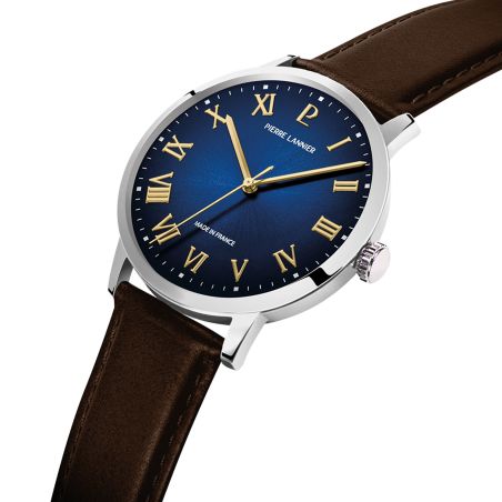 Montre homme pierre lannier interval argenté cadran bleu bracelet cuir brun 20 mm 255g164 – montres françaises