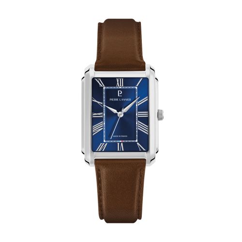 Montre Homme PIERRE LANNIER EMPIRE Argenté Cadran Bleu Bracelet Cuir Brun 20 MM 212G164