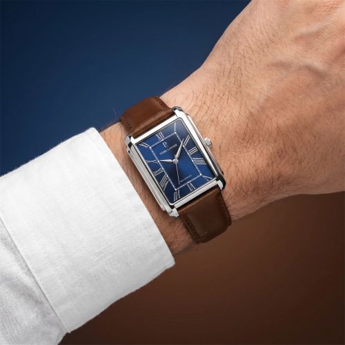 Montre Homme PIERRE LANNIER EMPIRE Argenté Cadran Bleu Bracelet Cuir Brun 20 MM 212G164