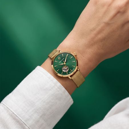 Montre Femme Automatique PIERRE LANNIER SOLINE Doré Cadran Vert Bracelet Acier milanais Doré 12 MM 139L572