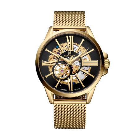 Montre homme automatique montignac origine acier doré mow150 – montres squelettes