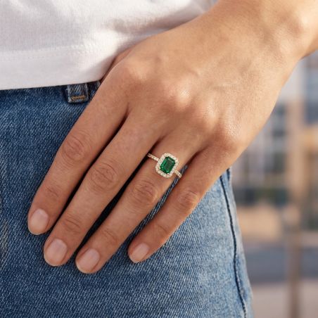 Bague Femme Entourage Rectangulaire EDORA Plaqué Or et Oxyde Vert EDO76100317