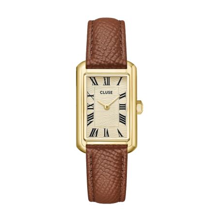 Montre femme cluse belisenna rectangulaire dorée cadran sablé bracelet cuir brun noisette cw15008 – montres tendances
