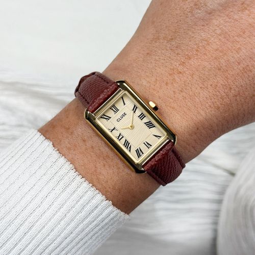 Montre Femme CLUSE Belisenna Rectangulaire Dorée Cadran Sablé Bracelet Cuir Brun Noisette CW15008