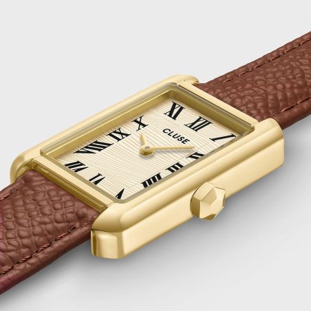 Montre femme cluse belisenna rectangulaire dorée cadran sablé bracelet cuir brun noisette cw15008 – montres tendances