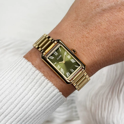 Montre Femme CLUSE Belisenna Rectangulaire Dorée Cadran Vert Olive Bracelet Acier CW15007