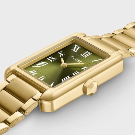 Montre femme cluse belisenna rectangulaire dorée cadran vert olive bracelet acier cw15007 – montres tendances