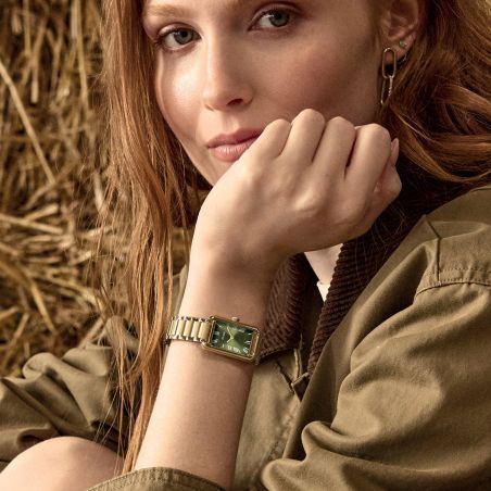 Montre femme cluse belisenna rectangulaire dorée cadran vert olive bracelet acier cw15007 – montres tendances