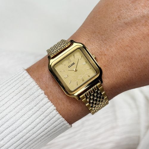 Montre Femme CLUSE Gracieuse Carrée Dorée 28 mm Cadran Texturé Dentelle Bracelet Acier CW11912