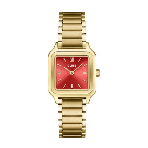 Montre Femme CLUSE Gracieuse Petite Carrée Dorée Cadran Rouge Pastèque Bracelet Acier CW11827