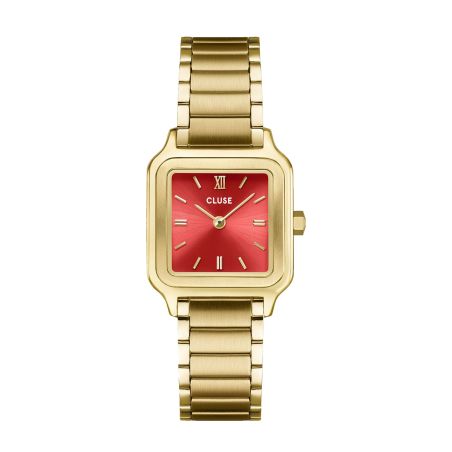Montre femme cluse gracieuse petite carrée dorée cadran rouge pastèque bracelet acier cw11827 – montres tendances